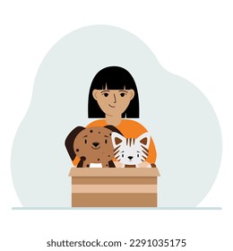 A little girl holds a cardboard box with a cat and a dog. The concept of rescue, help and care for pets. Vector flat illustration
