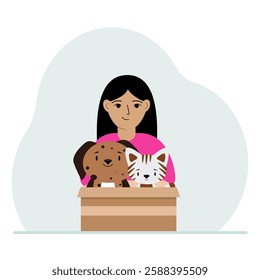 A little girl holds a cardboard box with a cat and a dog. The concept of rescue, help and care for pets. Vector flat illustration