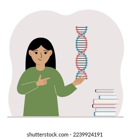 A little girl holds a DNA model in his hand and there are many books nearby. Vector flat illustration