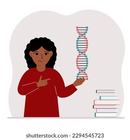 A little girl holds a DNA model in his hand and there are many books nearby.