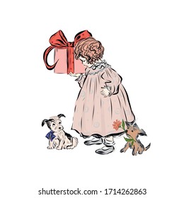Little girl holds gift with decor of red satin ribbon looking and the dogs. 
