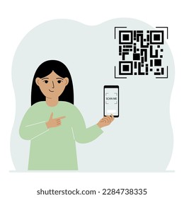 A little girl holds a mobile in his hand with the text Scan me. Next to the child QR code. Vector flat illustration