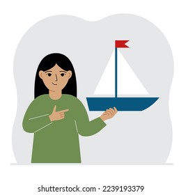 A little girl holds a sailing yacht in his hand. Concepts of freedom, hope and big plans. Hobby. Vector flat illustration
