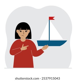 A little girl holds a sailing yacht in his hand. Concepts of freedom, hope and big plans. Hobby. Vector flat illustration