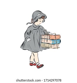 Little girl holds stack of books. Clever kid dressed in grey dress and hat in vintage style. Character preschool age.