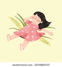 The little girl holds straw in her mouth and lies on the pile of leaves