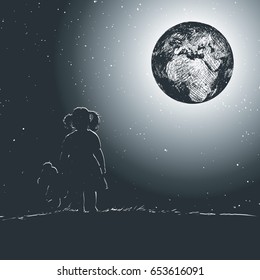 Little girl holds a teddy bear in her hand and looks at our planet from afar. What planet will we leave to our children?