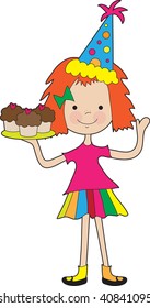 A little girl holds a tray full of cupcakes and wears a party hat