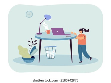 Little girl in home office of mother or father. Cute kid standing next to table with laptop flat vector illustration. Remote work, family concept for banner, website design or landing web page