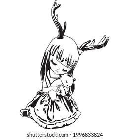 Little girl with horns hugs a little kitten