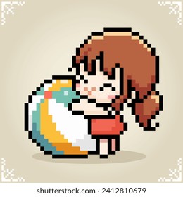 Little girl hug a beach ball in 8 bit pixel art. Cartoon girl playing ball in vector illustration for retro games