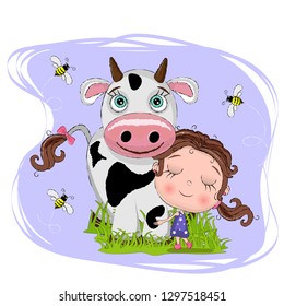 little girl hug the cow, adorable baby cartoon background with grass and bee. lovely greeting card. vector illustation.
