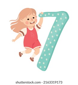 Little Girl with Huge Number Seven or Numeral Learning Basic Counting Vector Illustration