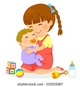 little girl hugging a baby
