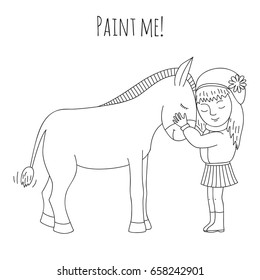 Little girl hugging a donkey. Coloring book for adults and children.