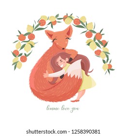 Little girl hugging fox under lemon and orange arch. Love and friendship concept card. Let me love you Valentines.
