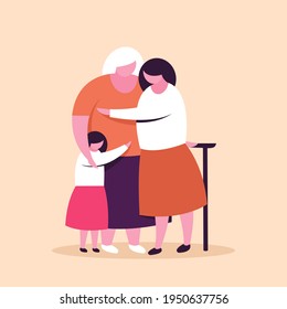 A little girl hugging her mother and grandmother. Concept for Mother's Day