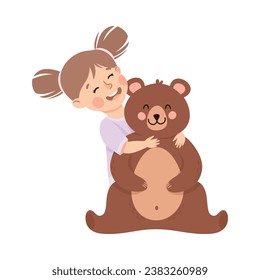 Little Girl Hugging Huge Teddy Bear Toy Feel Happy Vector Illustration