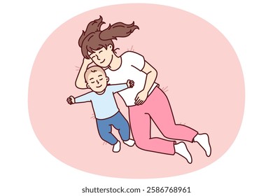 Little girl hugging newborn brother lying in bed and falling asleep together for happy childhood concept. Caring preteen sister near carelessly sleeping little toddler resting after day walk