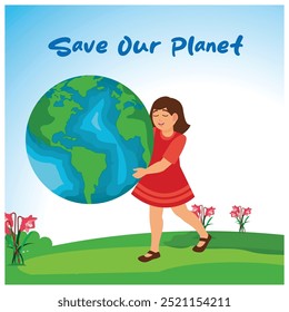 Little girl hugging planet Earth. World Environment Day background. Earth Day concept. Flat vector illustration.