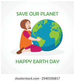 Little girl hugging planet Earth. Save the earth and the environment. Earth Day concept. Flat vector illustration.