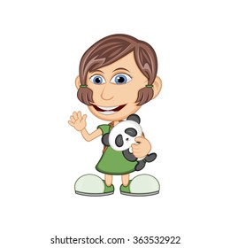 little girl hugging a stuffed panda and waving her hand cartoon vector illustration