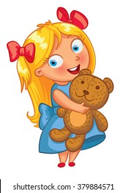 Little girl hugging the teddy bear. Funny cartoon character. Vector illustration. Isolated on white background