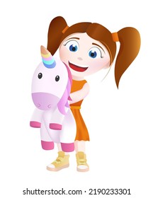 Little girl hugging a unicorn toy. A happy child holds a unicorn in his hands. Vector isolated illustration.