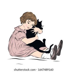 Niña vectorial dibujada a mano abraza a un gato negro, cuidando a los animales, niño preescolar vestido con un vestido vintage, feliz niñez