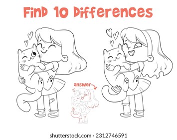 Little girl hugs cat. Find 10 differences. Matching game. Educational game for children. Attention task. Cartoon characters. Funny vector illustration. Isolated on white background. Coloring book