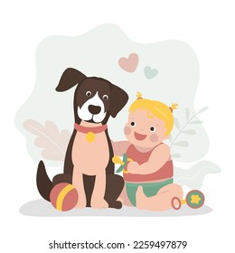 Little girl hugs dog. Adorable pet plays with newborn girl who is learning to sit and learns about the world around her. Cute animal and infant portrait. Flat vector illustration