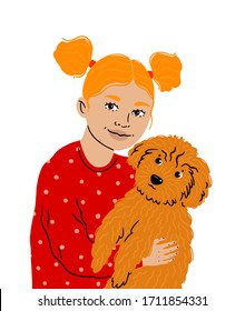 A little girl hugs her beloved pet, that cute toy poodle. Pet care. Girl with ponytails holds a dog, love for animals. Illustration isolated on white background.