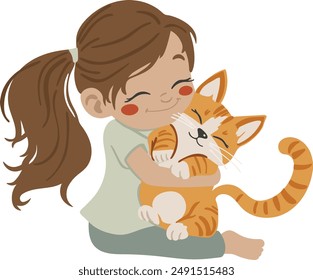 A little girl hugs her pet cat, child silhouette, child illustration, Colorful cartoon characters. Funny vector illustration. Isolated on white