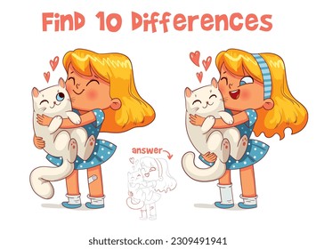 Niña pequeña abraza gatito. Encuentra 10 diferencias. Juego coincidente. Juego educativo para niños. Tarea de atención. Personajes de dibujos animados coloridos. Graciosa ilustración vectorial. Aislado sobre fondo blanco