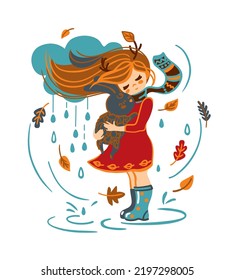 Little girl hugs a plush bunny on a walk in the park. Rainy autumn. Cute illustration. Vector.