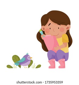 Little Girl Hunkering Down with Clip Board Drawing Bird Sitting on the Ground Vector Illustration