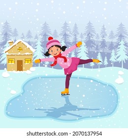 Little girl Ice skating wearing warm winter clothes outdoor on frozen pool in the snowy day