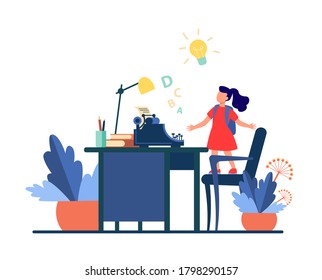 Little girl with idea looking on typewriter. Chair, desk, story flat vector illustration. Imagination and writing concept for banner, website design or landing web page