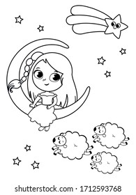 Little girl illustration in night and sleep theme. Black and white vector illustration for painting activity.
