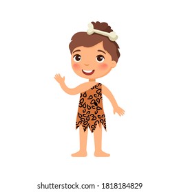 Little girl in the image of an ancient man. History of mankind. Cute cartoon character 