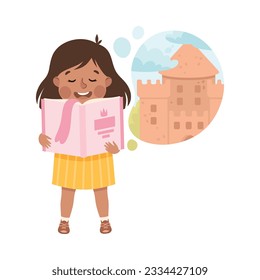 Little Girl Imagining Castle in Bubble Reading Book Having Fantasy Vector Illustration