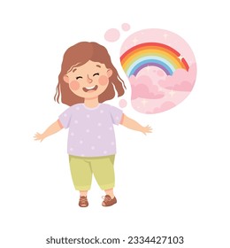 Little Girl Imagining Rainbow and Clouds in Bubble Having Fantasy Vector Illustration