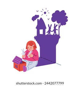 A little girl is immersed in play, making up stories with the help of toys. Vector illustration of a child's creative leisure time without gadgets. Isolated background.