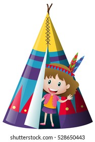 Little girl in indian teepee illustration