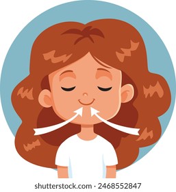 
Little Girl Inhaling Fresh Air Vector Cartoon Illustration. Child trying to calm herself feeling relaxed 
