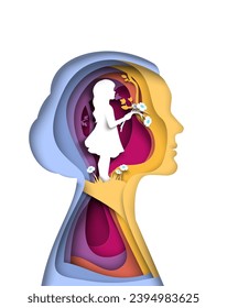 Little girl inside head of woman papercut vector illustration. Psychology, inner child, human individuality and memory of childhood healing concept