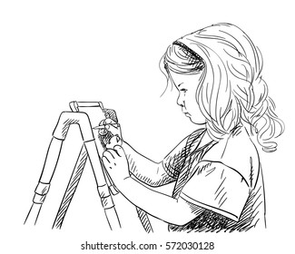 Little girl intently draws on easel, Vector sketch, Hand drawn illustration isolated on white
