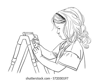 Little girl intently draws on easel, Vector sketch, Hand drawn illustration isolated on white