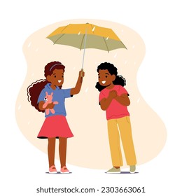 Niña Invitando A Un Amigo Bajo El Paraguas. Personajes Sonrisas Cálidas, Risas Compartidas, Refugio De Lluvia. Amistad, Conexión, Alegría Y Protección Simple Gesto. Ilustración de vectores de personas de caricatura