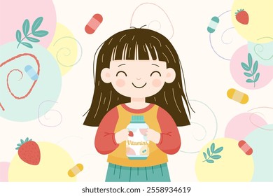 little girl with a jar of vitamins in her hands after visiting the pediatrician